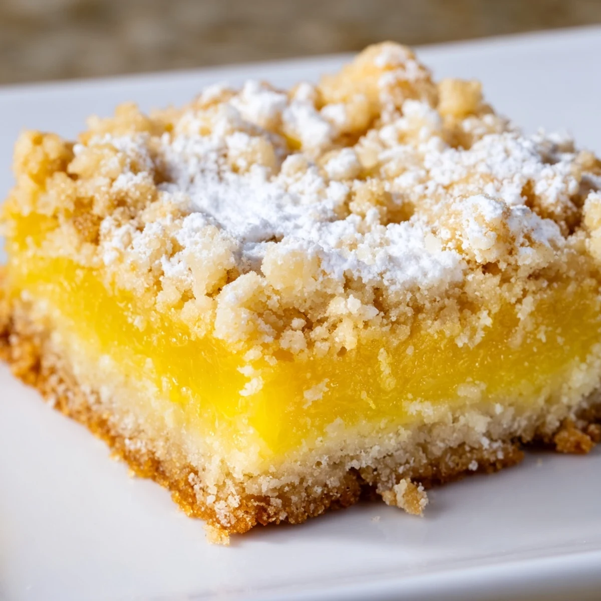 Golden lemon crumb bars with buttery crust dusted with powdered sugar on a white plate
