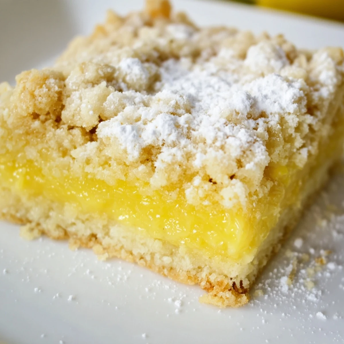 Tangy lemon filling sandwiched between layers of buttery crumbs, cut into neat squares
