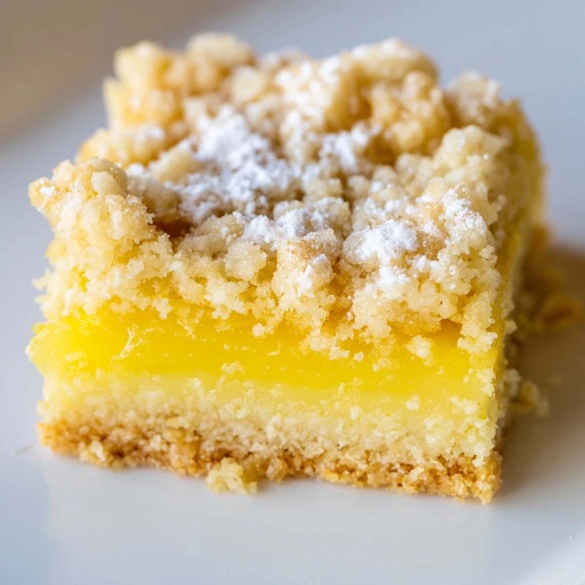 Bright yellow lemon bars topped with crumbly oat mixture and garnished with fresh lemon zest