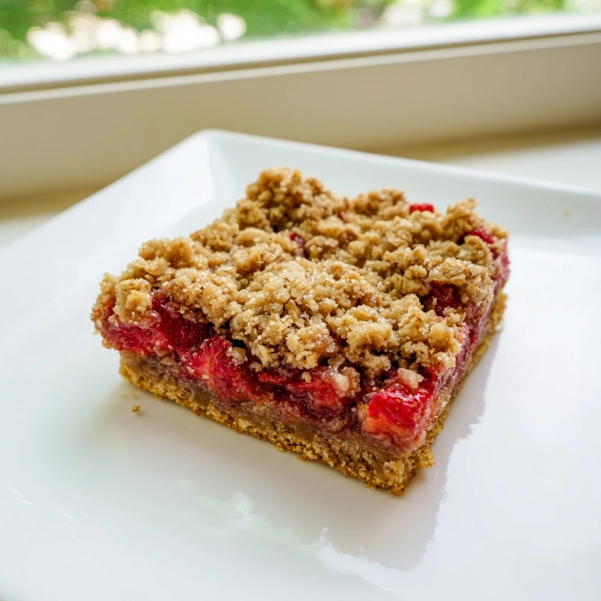 Golden brown strawberry oatmeal crumble bars featuring bubbling red fruit filling and buttery oat topping