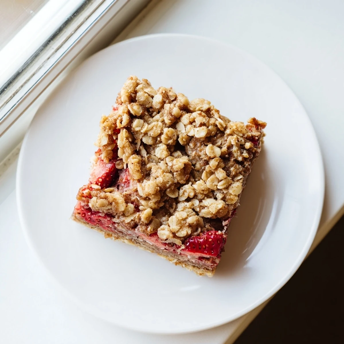 Homemade strawberry oatmeal crumble bars with sweet jammy strawberries sandwiched between crispy oat layers