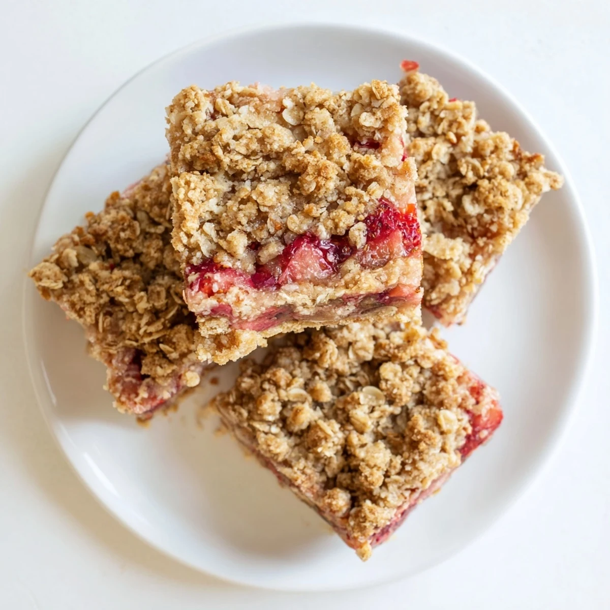Fresh baked strawberry oatmeal crumble bars with golden crumbly topping and vibrant red strawberry center