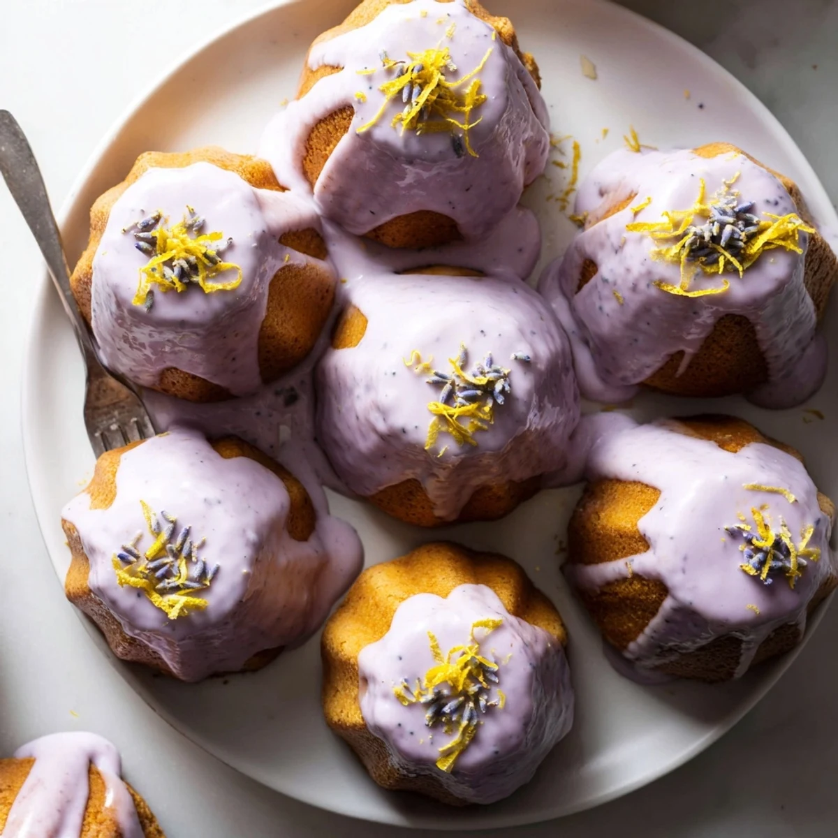 Freshly baked mini lemon cakes with smooth lavender glaze dripping down the sides