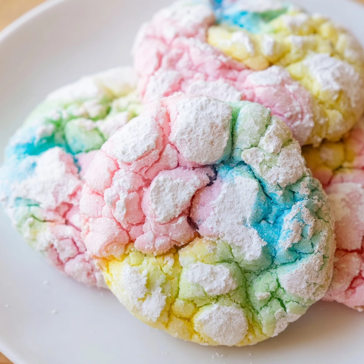 Soft pastel Springtime Crinkle Cookies coated in white powdered sugar with crackled surfaces
