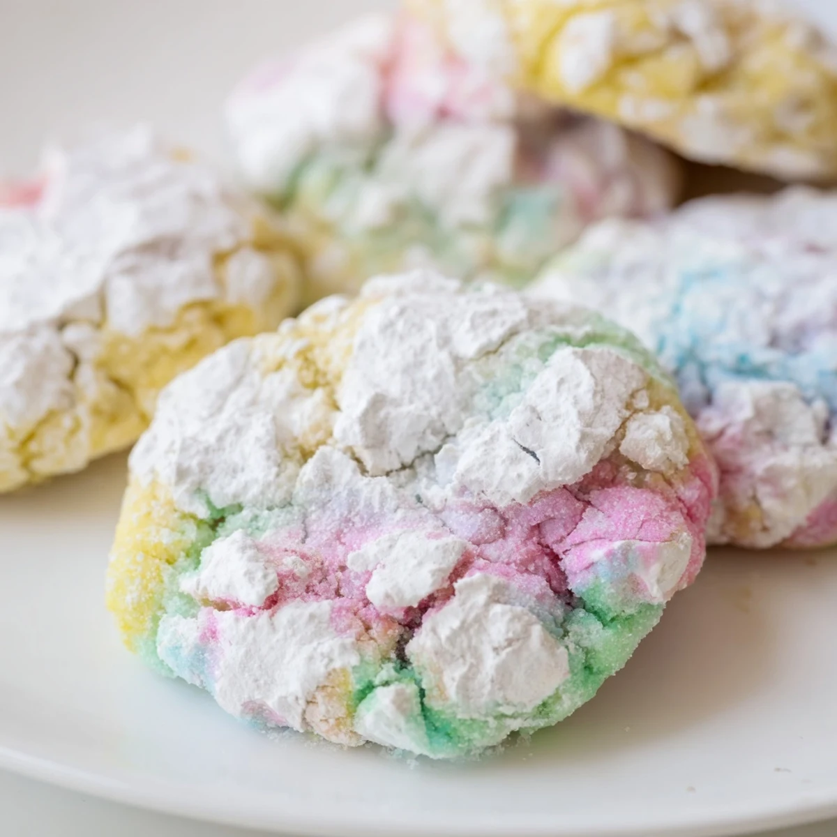 Colorful Springtime Crinkle Cookies in pink yellow and blue displayed on white baking sheet