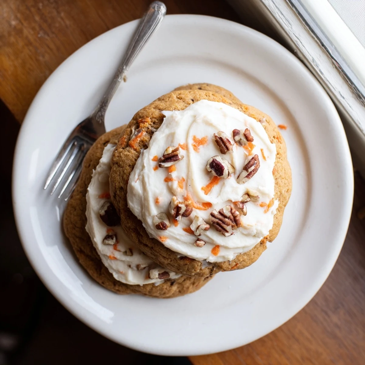 Golden spiced carrot cake cookies with visible grated carrot pieces and a generous layer of creamy frosting