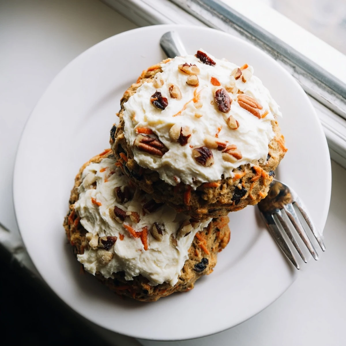 Chewy dessert cookies featuring warm cinnamon spices and sweet cream cheese frosting on a rustic wooden board