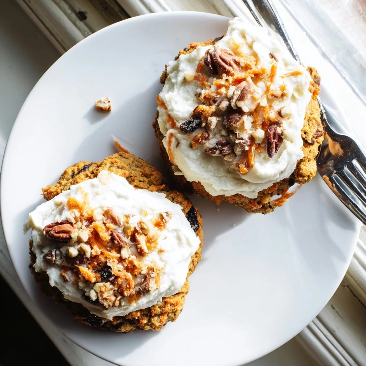 Soft homemade carrot cake cookies topped with swirls of tangy cream cheese frosting and chopped walnuts