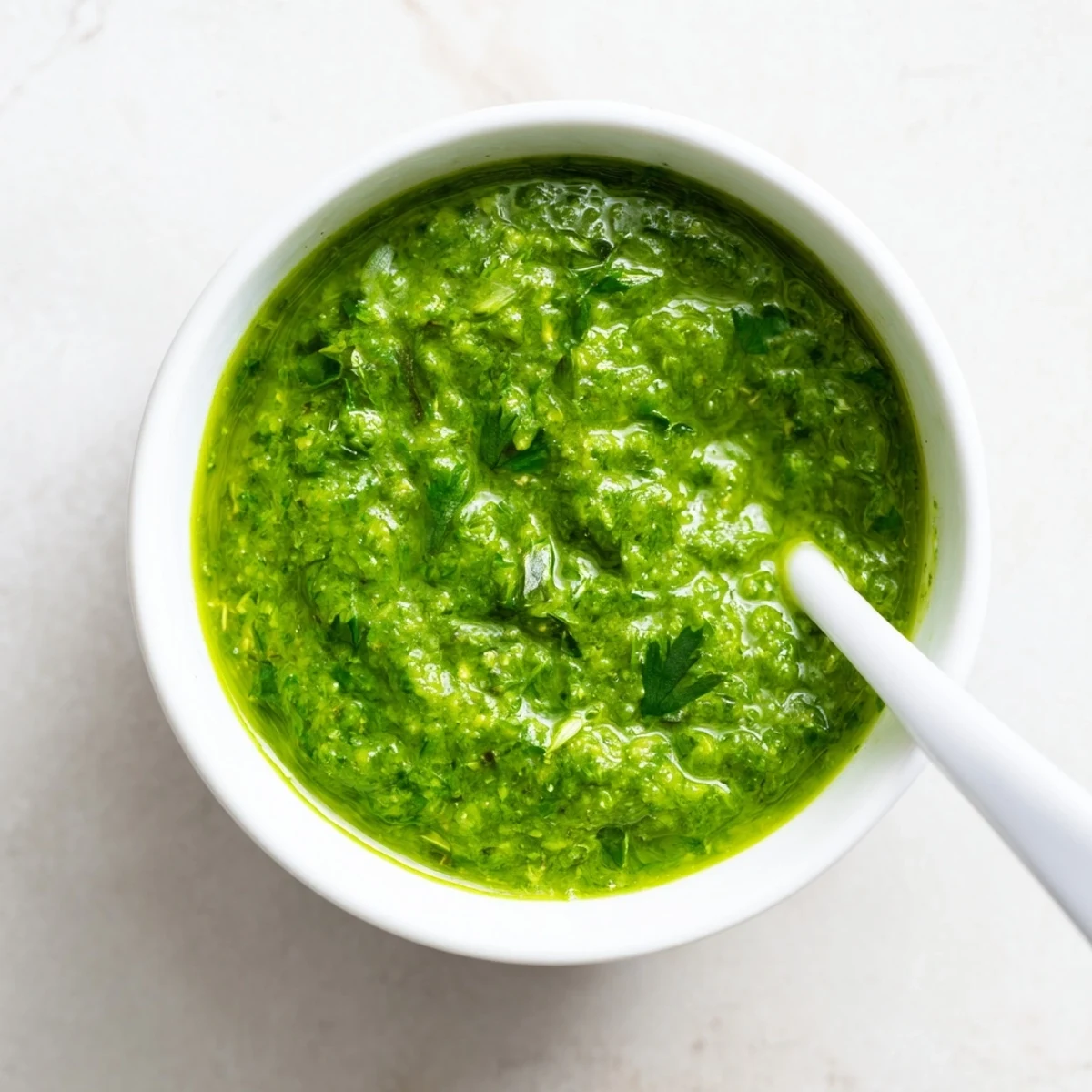 Vibrant green Thai cilantro sauce drizzled over grilled chicken with fresh lime garnish