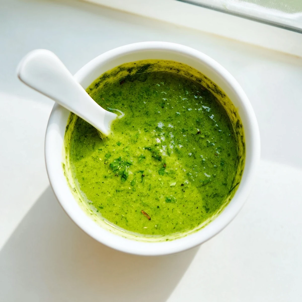 Fresh homemade Thai cilantro sauce blended bright green in glass jar with spoon