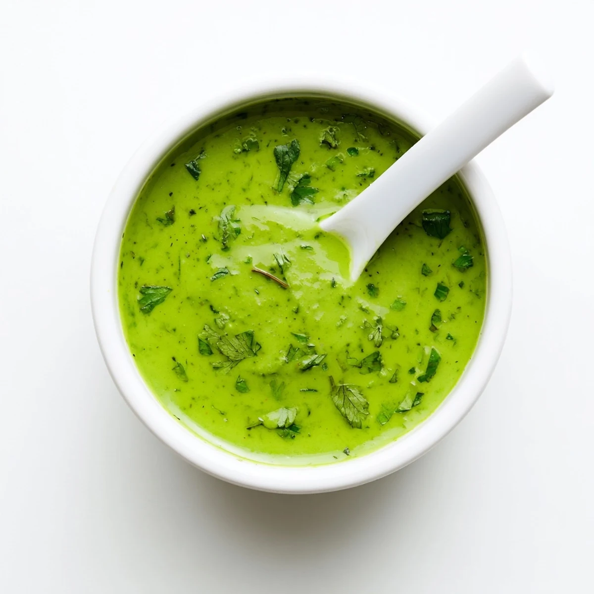Creamy Thai cilantro sauce served in small dipping bowl beside spring rolls and vegetables