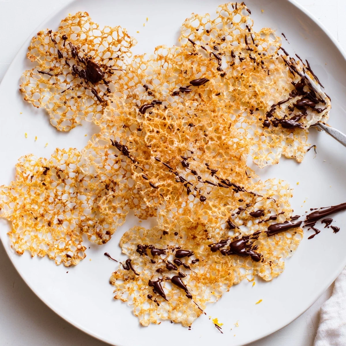 A stack of crispy orange lace cookies featuring translucent orange zest bits and their characteristic airy honeycomb pattern