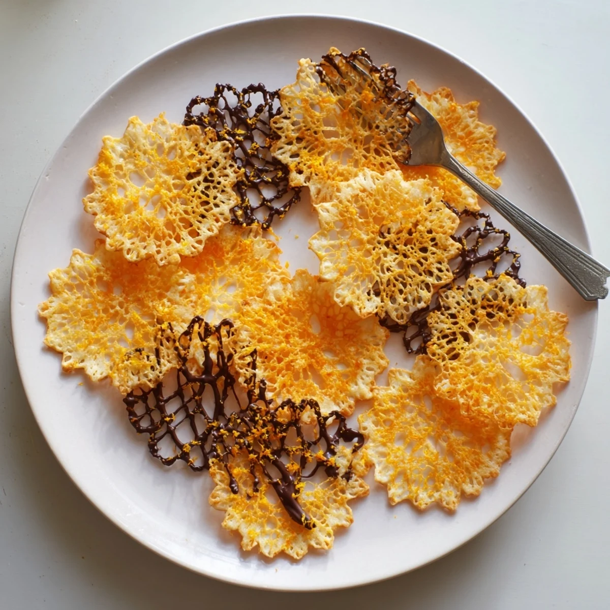 Crispy orange lace cookies cooling on a wire rack, their thin brittle texture glistening with optional dark chocolate drizzle