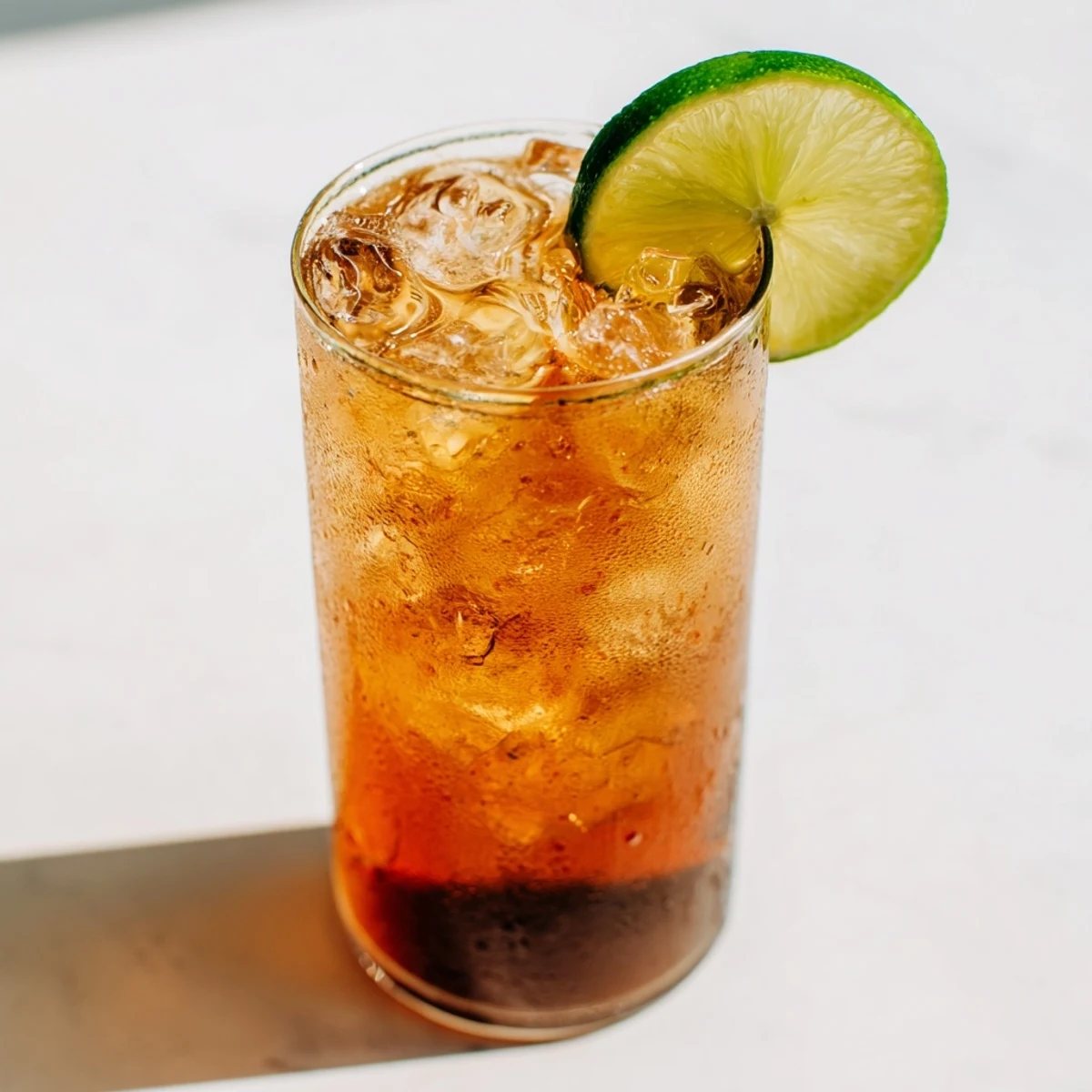 Tall glass of Thai lime iced tea featuring lime wedge garnish and clinking ice cubes