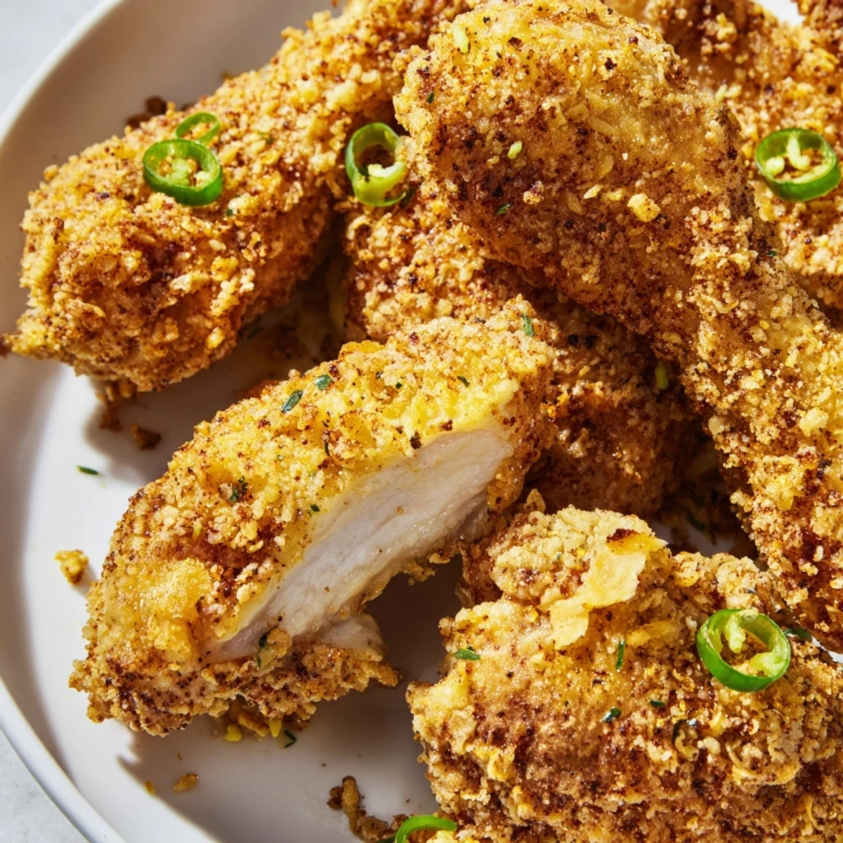 Plate of crunchy spicy jalapeño chicken with golden brown crust and visible seasoning flecks