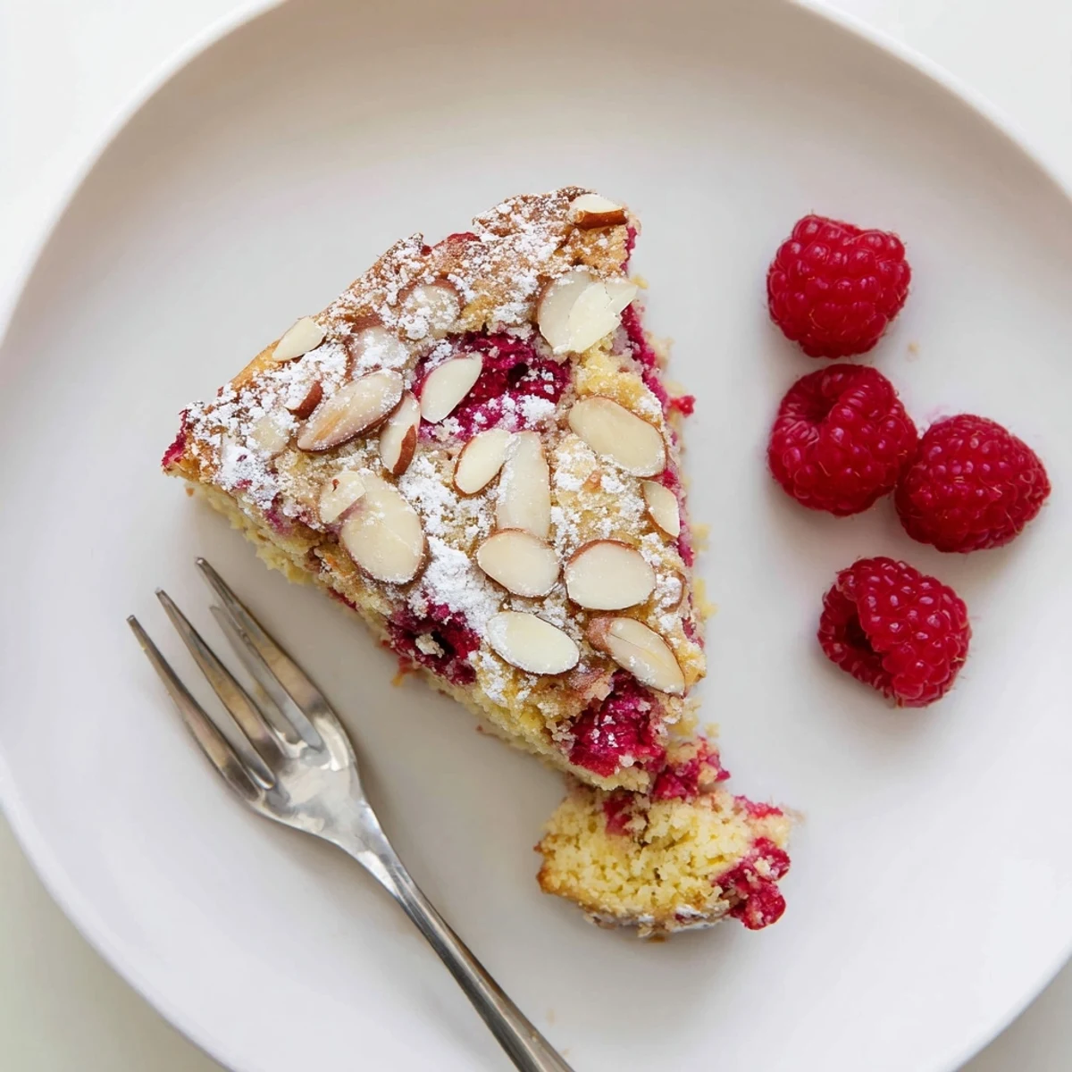 Moist almond raspberry cake slice revealing juicy baked berries inside the tender crumb