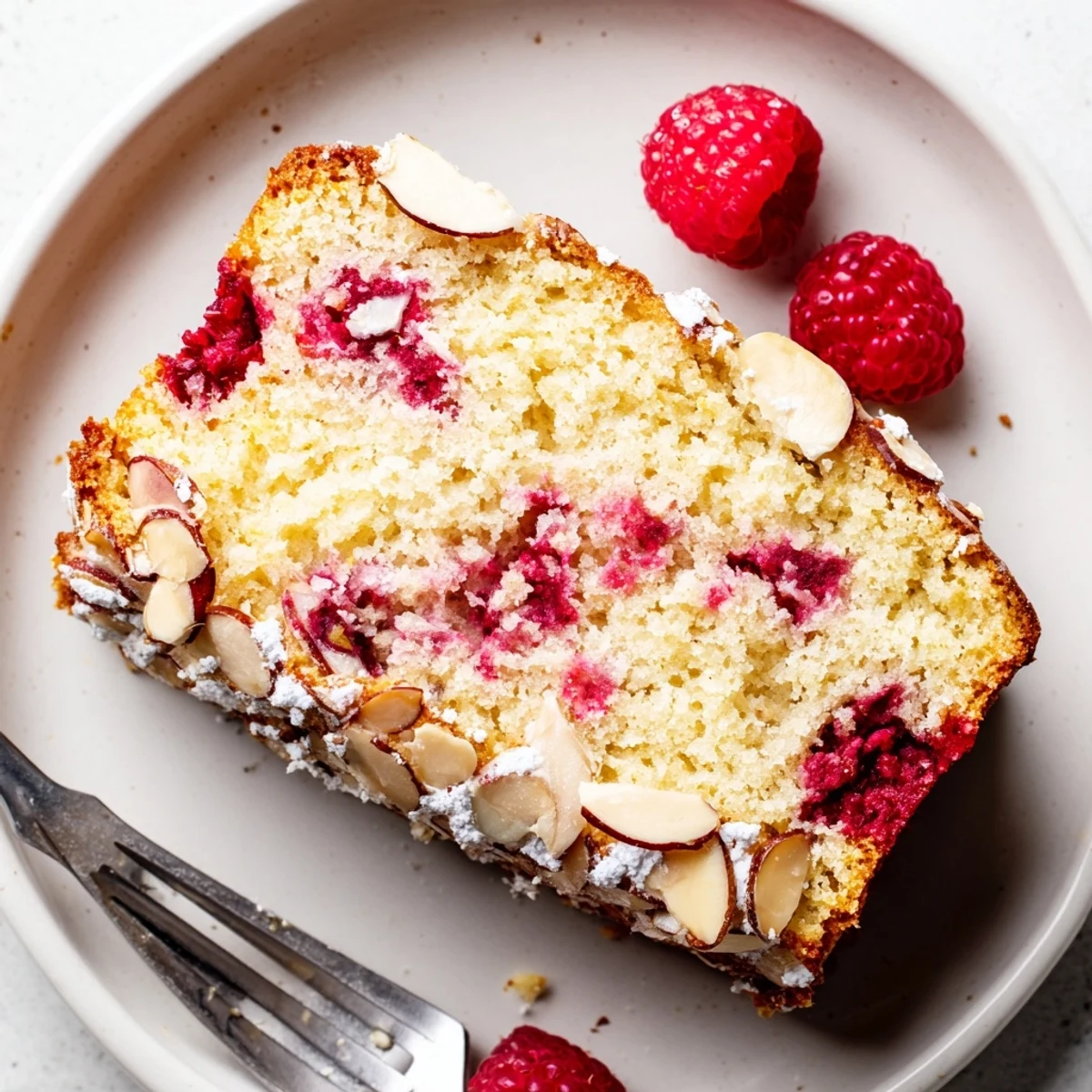 Golden almond raspberry cake with powdered sugar dusting and fresh raspberries on top