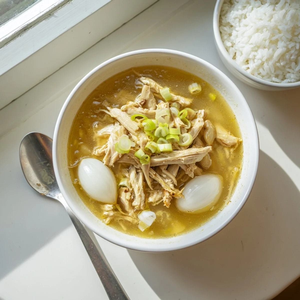 Golden Dakgomtang broth filled with tender shredded chicken pieces and aromatic vegetables in a white ceramic bowl
