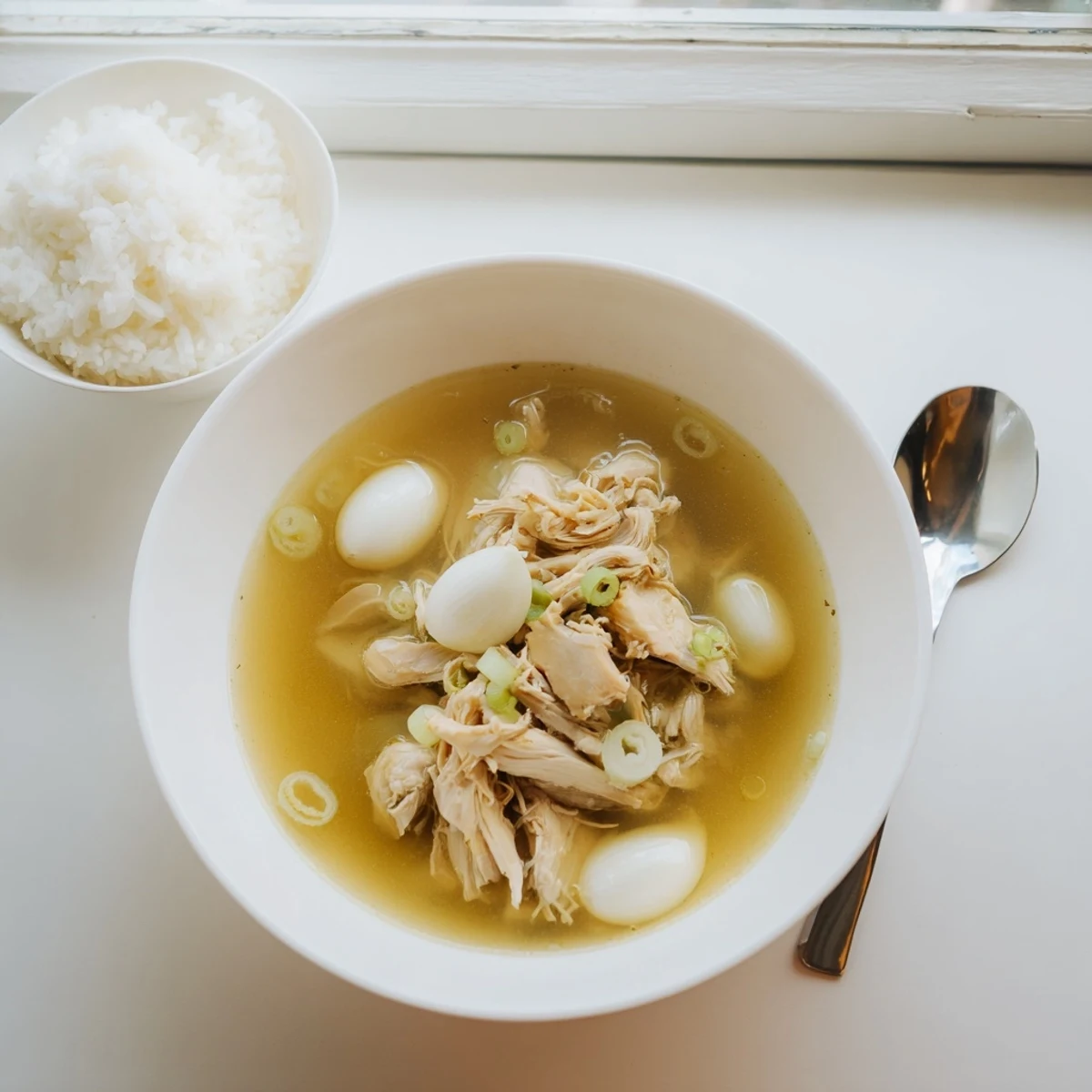 Comforting Dakgomtang soup featuring clear broth, shredded chicken meat, and sliced scallions ready for a nourishing meal