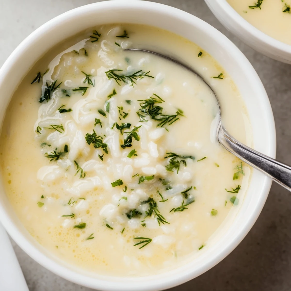 Creamy Greek egg and lemon soup with tender rice in a golden broth garnished with fresh dill