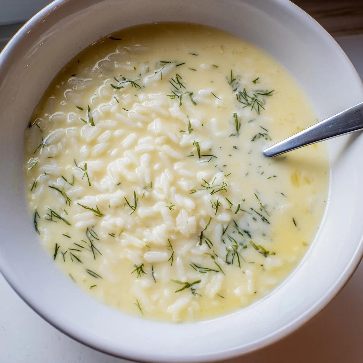 Steaming bowl of traditional Avgolemono soup featuring silky egg-lemon emulsion with fluffy white rice