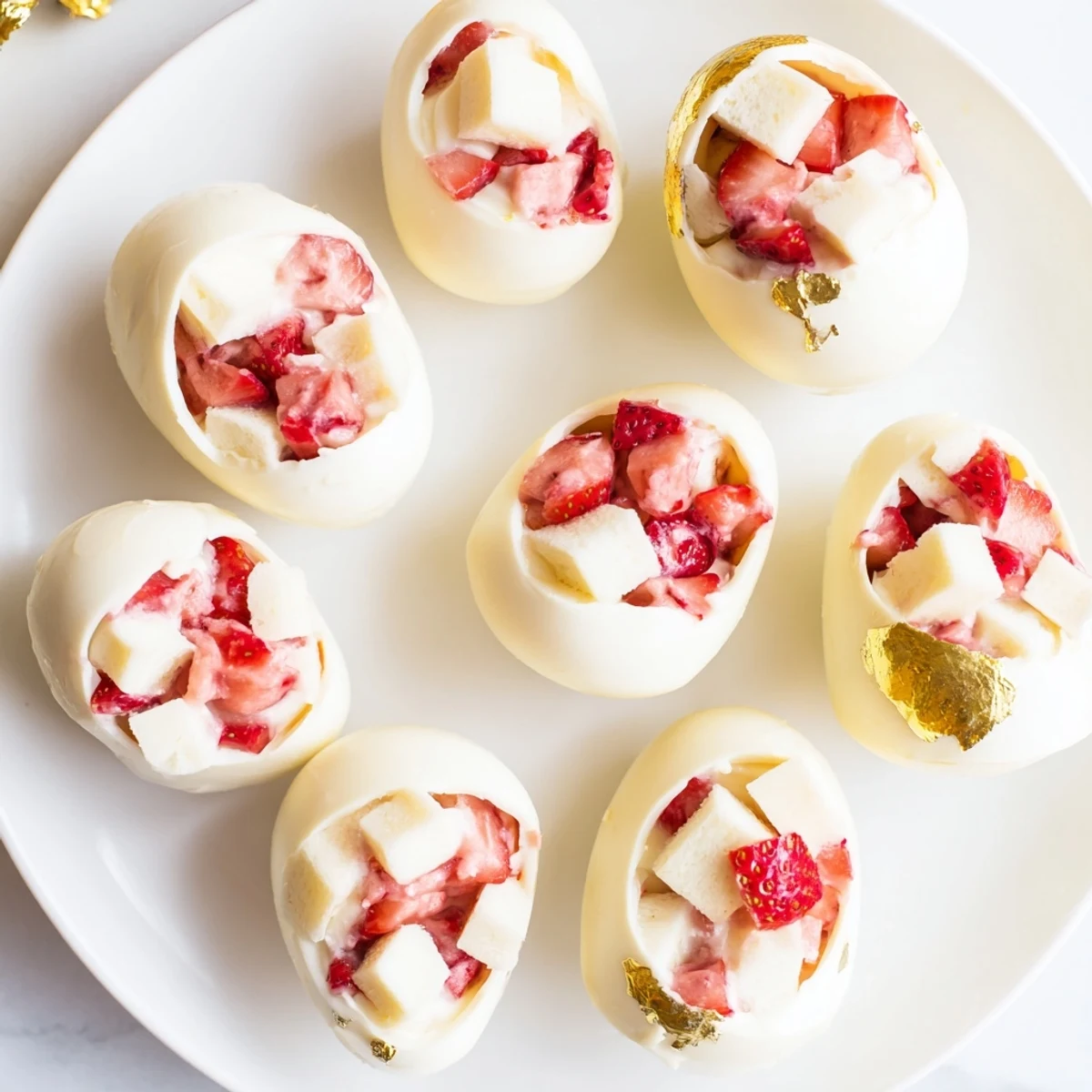 White chocolate Easter egg bombs filled with fluffy strawberry shortcake cream and fresh diced berries