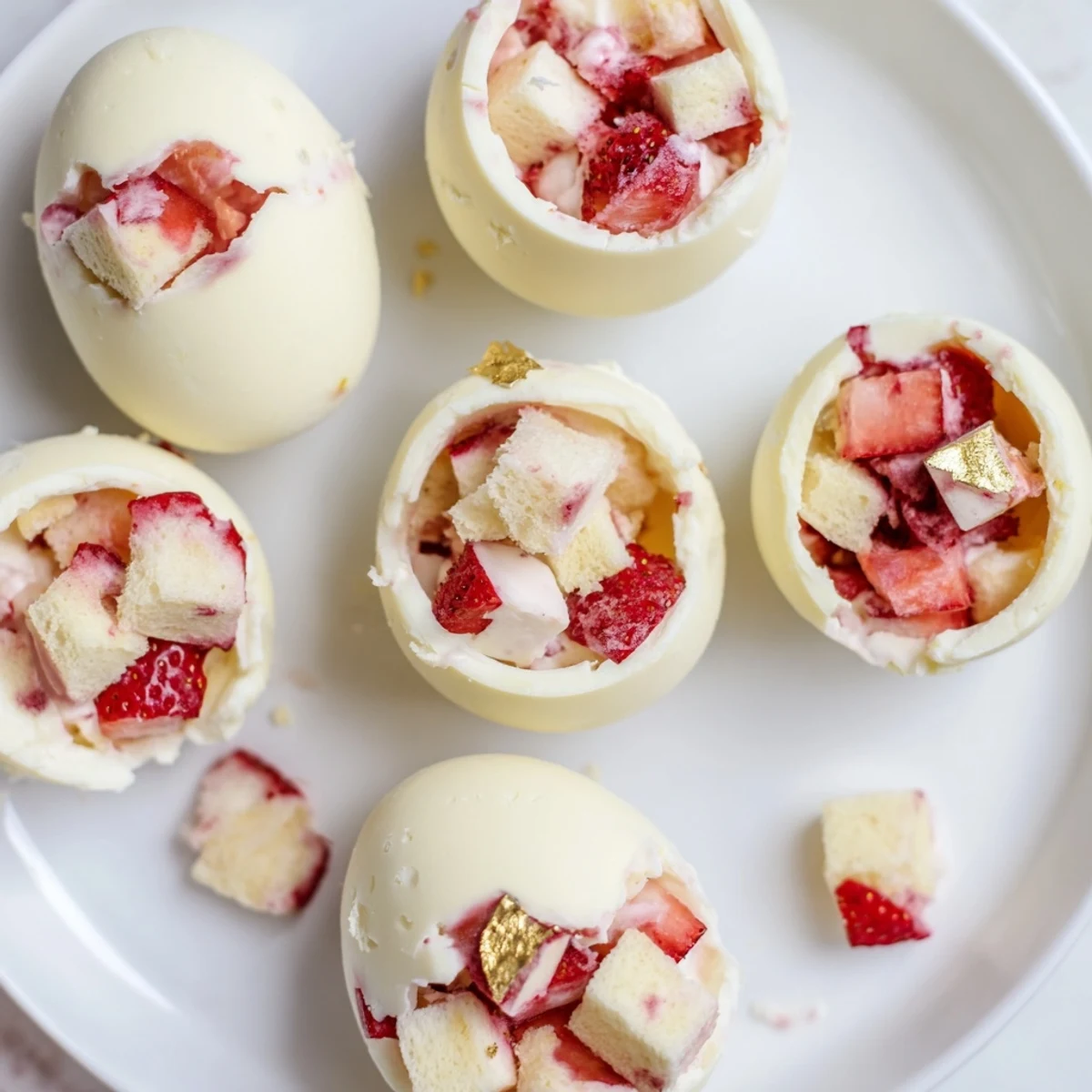 Festive strawberry shortcake Easter egg bombs featuring whipped cream and cake inside white chocolate shells