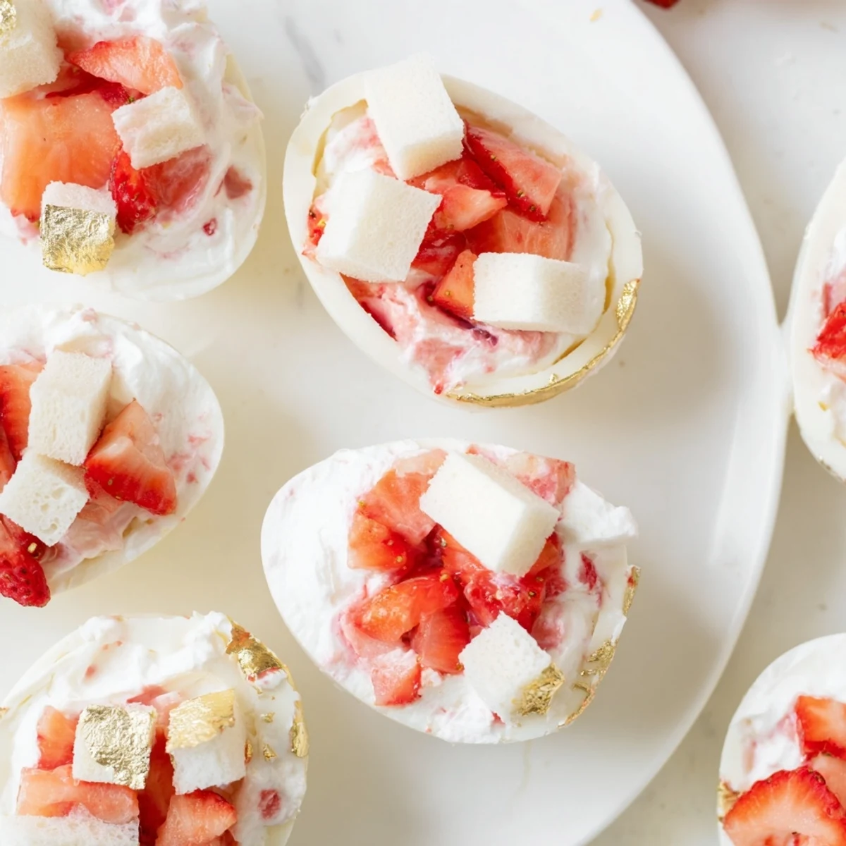 Creamy strawberry shortcake filling spilling from a cracked white chocolate Easter egg bomb on decorative plate