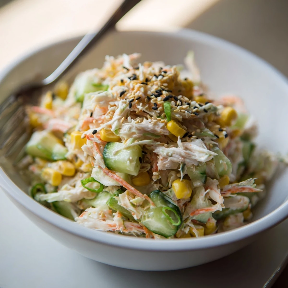 Golden bowl of spicy Kani salad topped with sesame seeds and fresh green onions