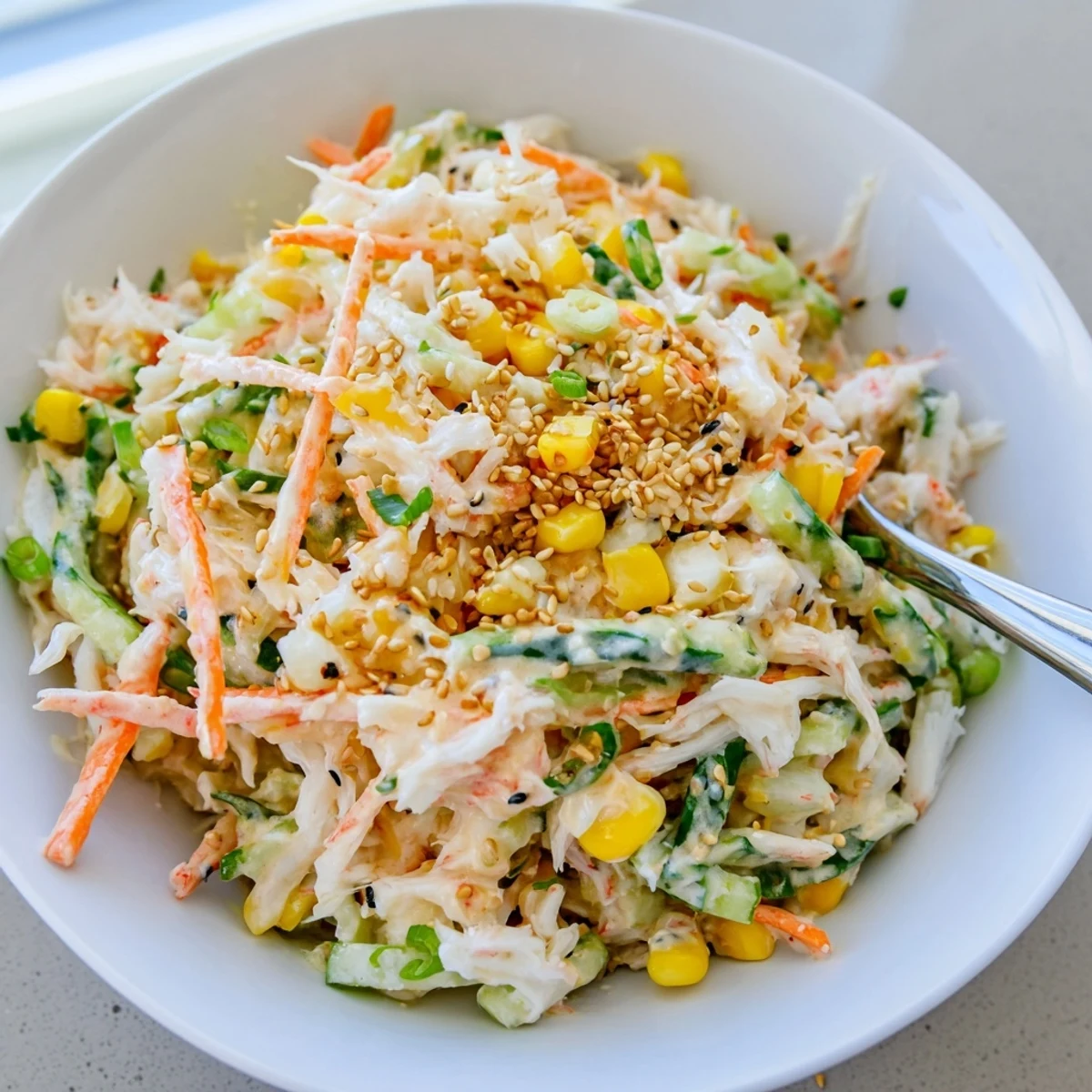 Creamy spicy Kani salad tossed with crisp julienned vegetables in Japanese mayo dressing