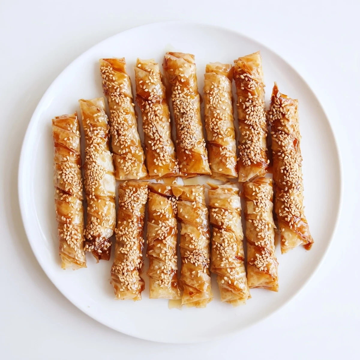 Golden brown Moroccan honey almond cigars arranged on a serving platter with sesame seed garnish