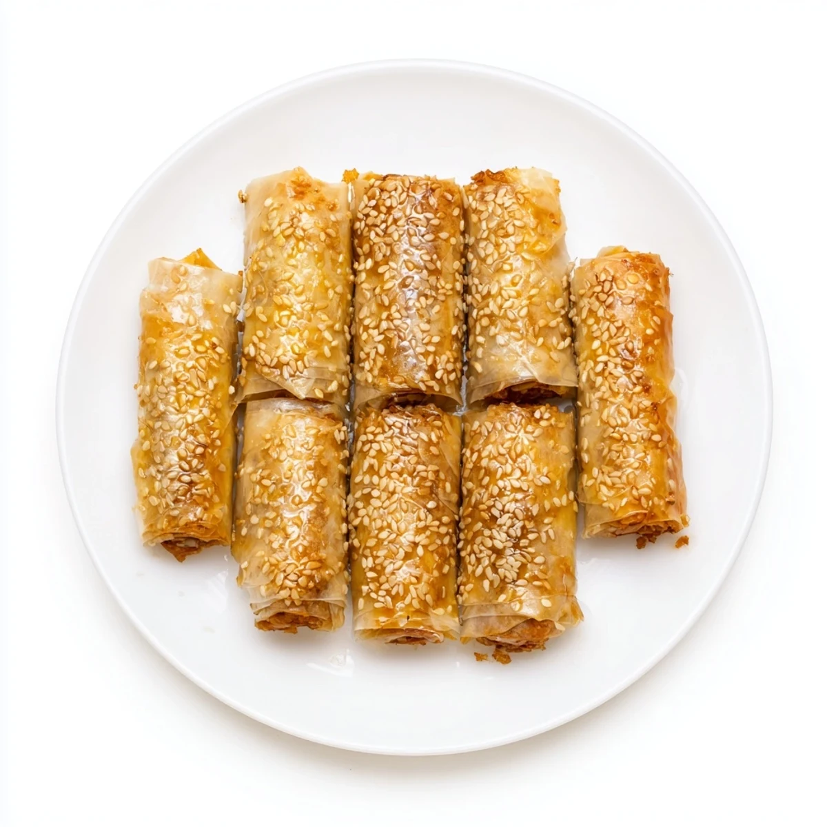 Crisp pastry rolls filled with fragrant almond paste dripping with warm honey syrup coating