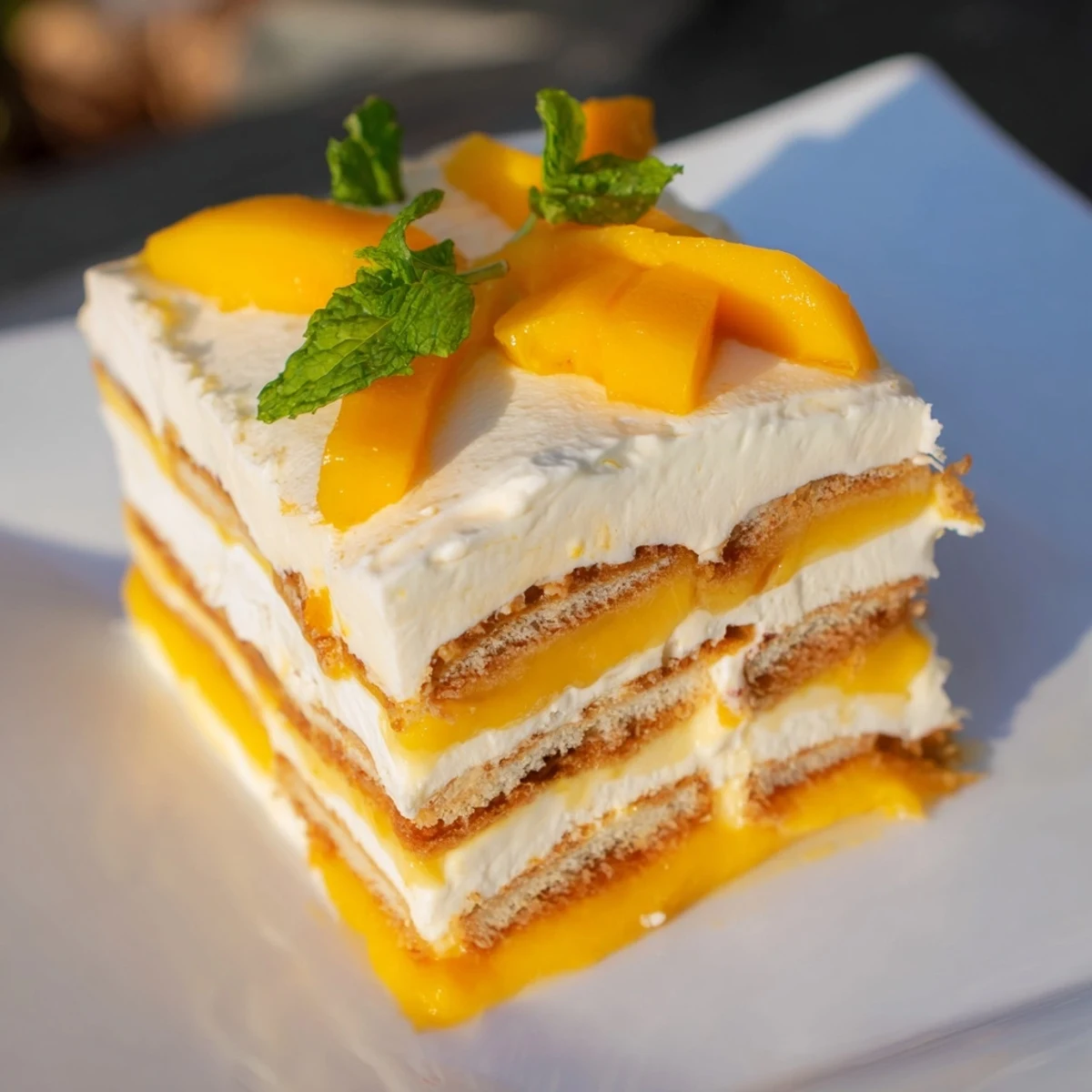 Golden mango tiramisu layered with coffee-soaked ladyfingers and topped with fresh sliced mango and mint