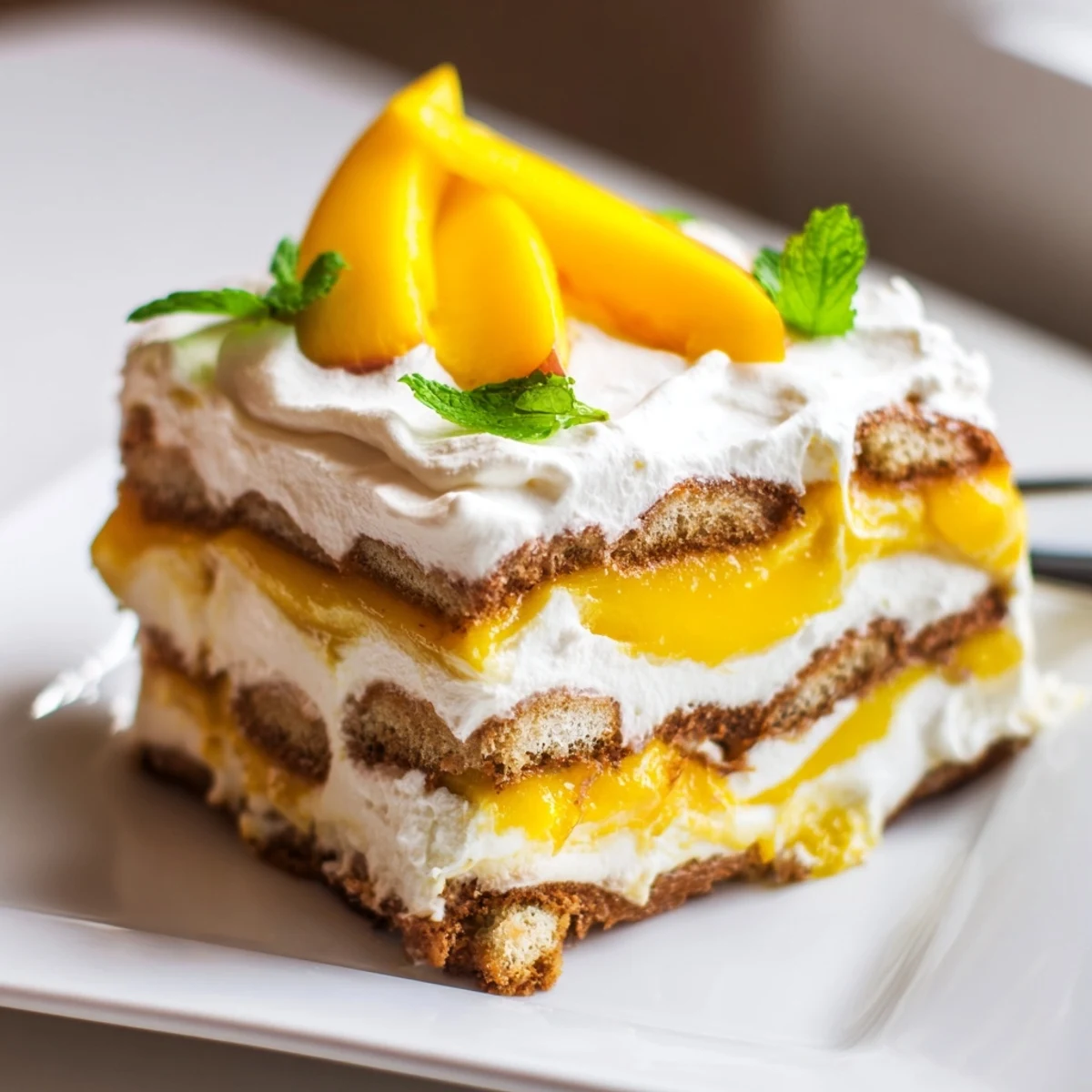 Close-up of mango tiramisu showing whipped mascarpone cream and mango layers with fresh mango garnish