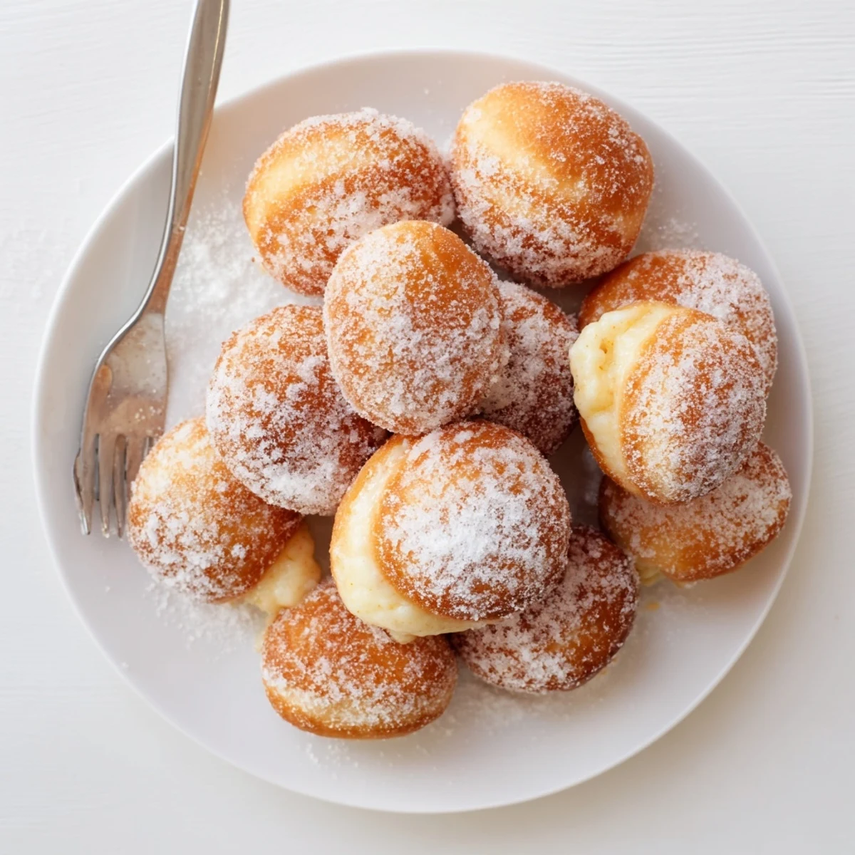 Golden bomboloni cream donuts filled with smooth vanilla pastry cream and lightly dusted with sugar