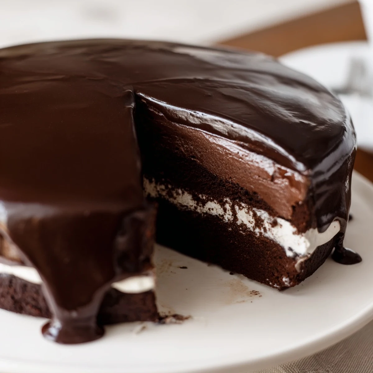 Dark chocolate mousse cake featuring glossy chocolate glaze drizzling down the sides of a layered dessert