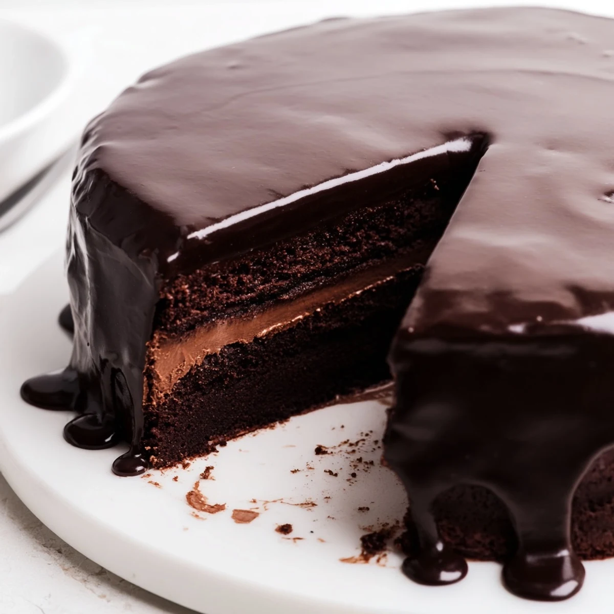 Rich dark chocolate mousse cake slice revealing velvety mousse and moist chocolate sponge layers on a white plate