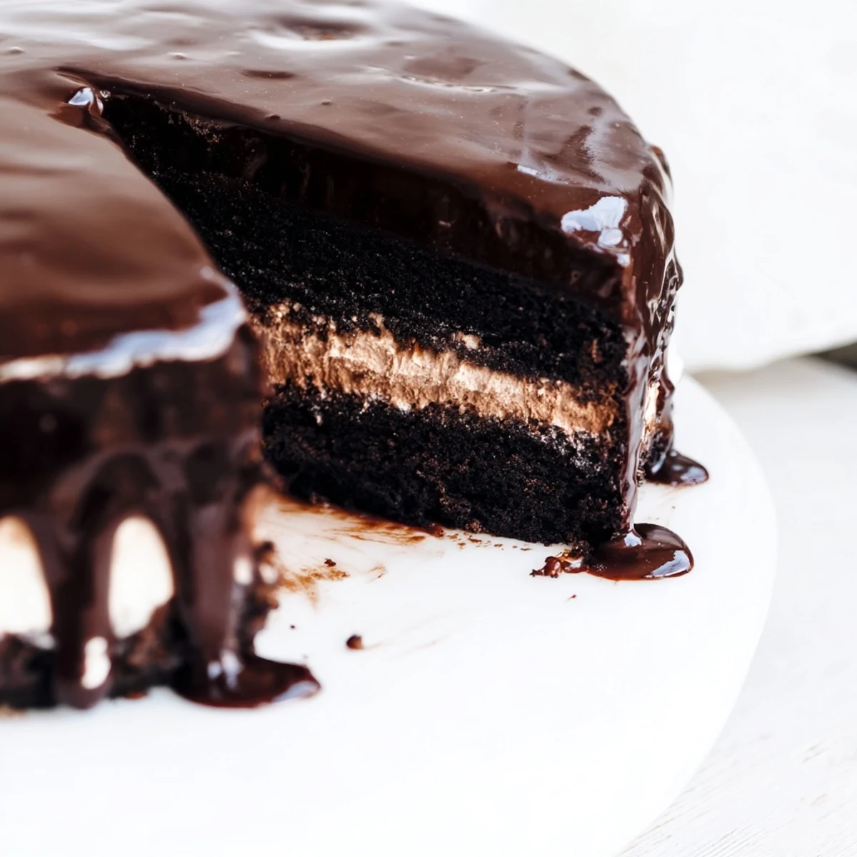 Elegant dark chocolate mousse cake with smooth chocolate glaze topping and whipped cream dollop garnish