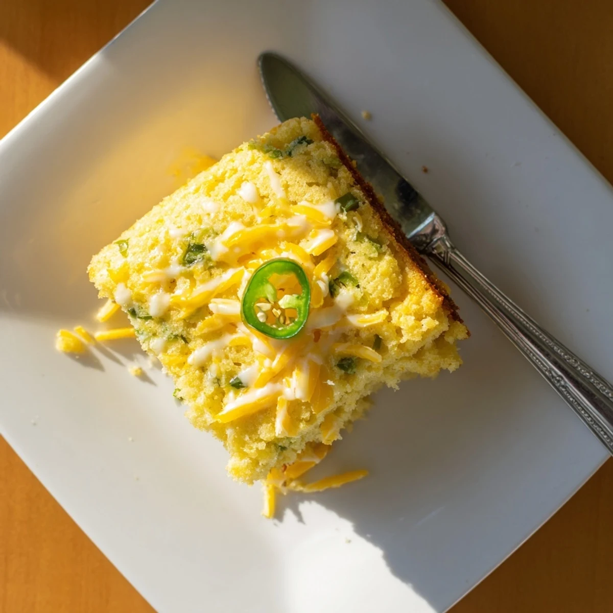 Golden spicy jalapeño cornbread drizzled with sweet lime honey glaze on a wooden board