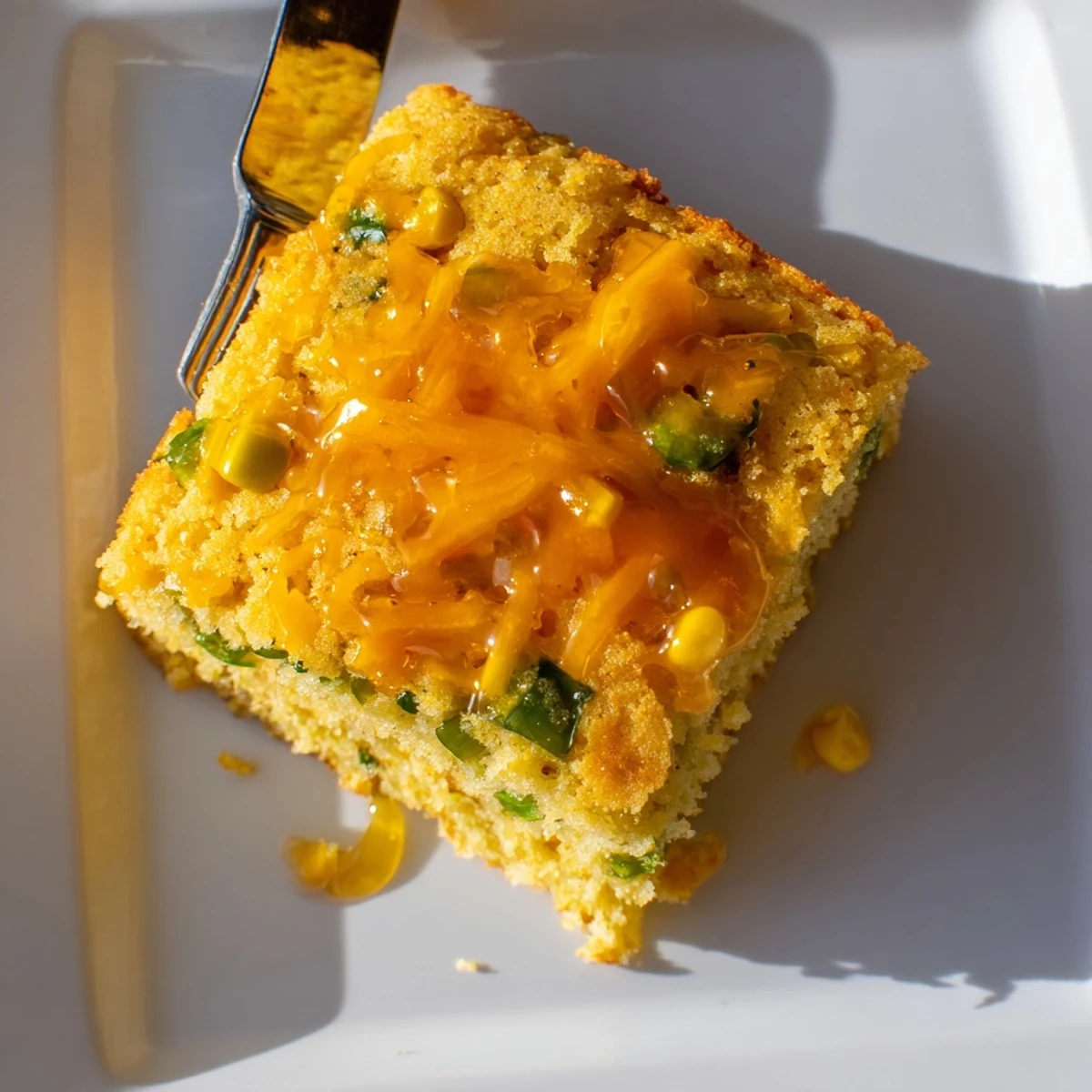 Southern-style spicy cornbread squares topped with tangy honey lime glaze and chopped green peppers
