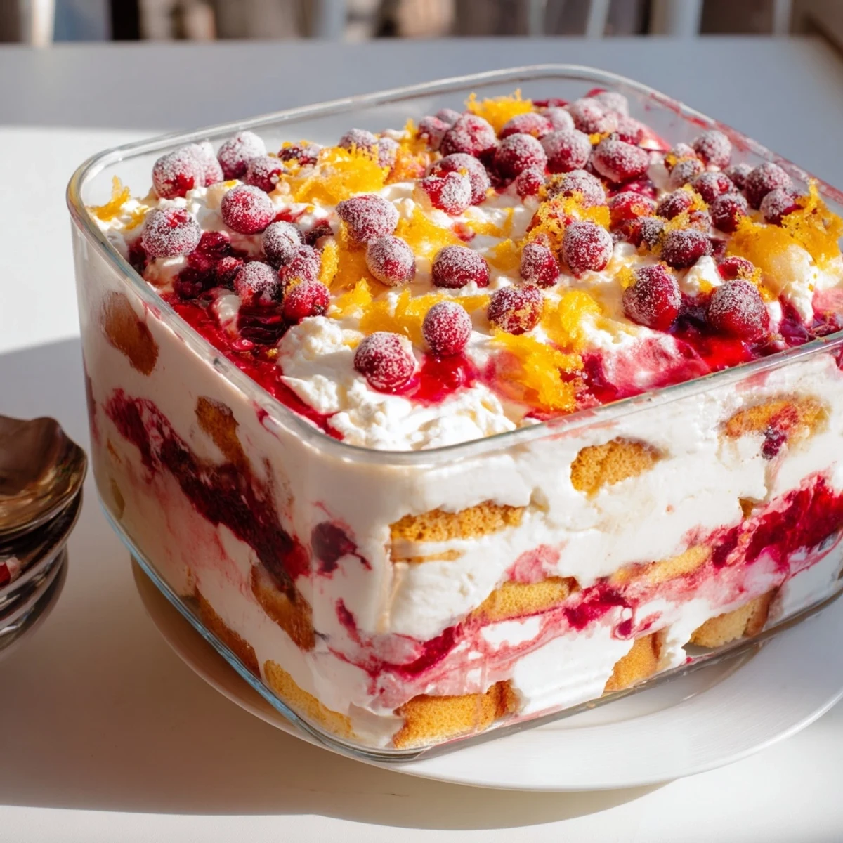 Layers of creamy cranberry and orange tiramisu topped with fresh berries and zest