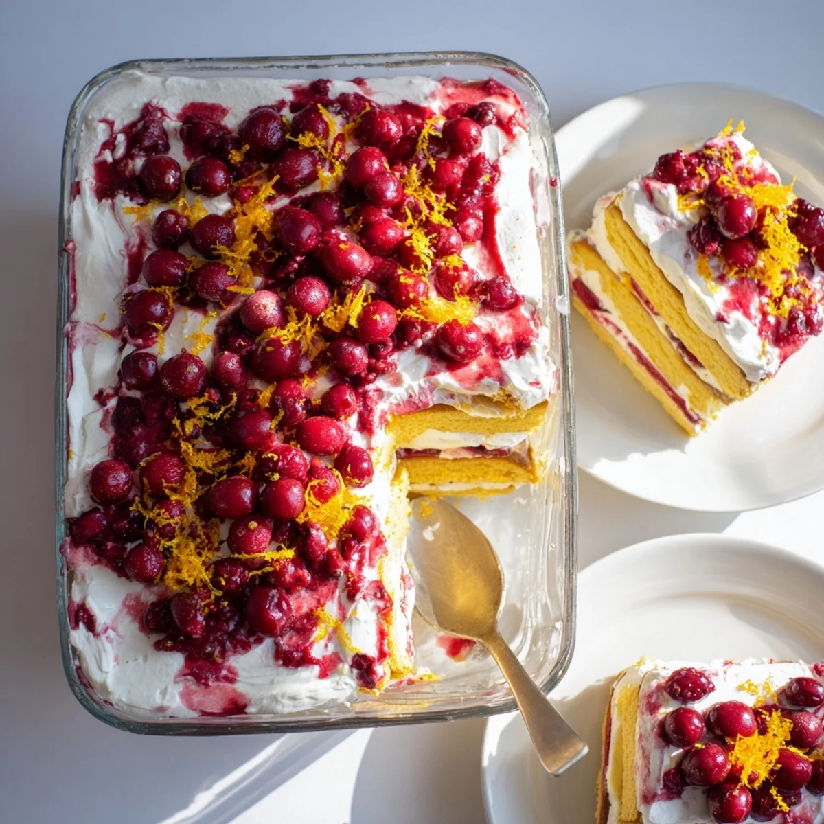 Festive cranberry and orange tiramisu dessert with ruby compote swirling through mascarpone