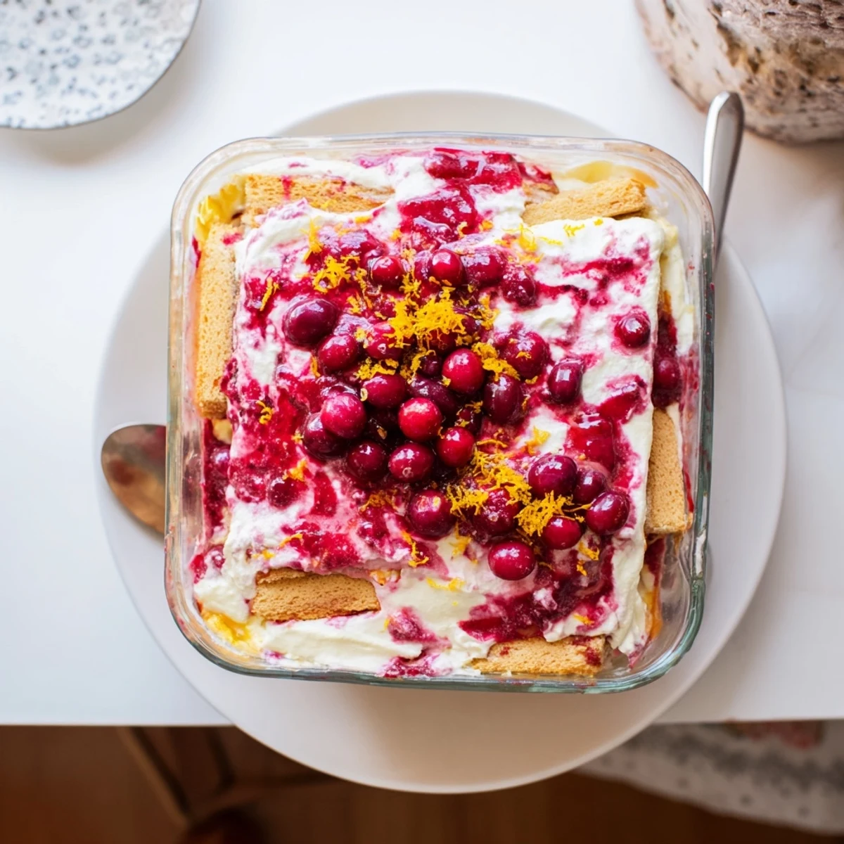 Elegant holiday cranberry and orange tiramisu garnished with citrus zest and powdered sugar