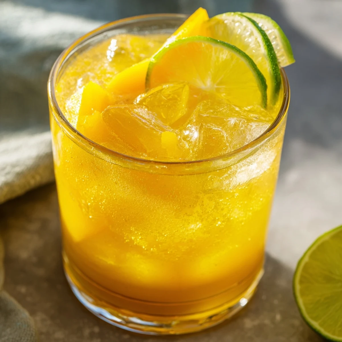 Tall glass of refreshing mango ginger mocktail topped with sparkling water and mint sprigs