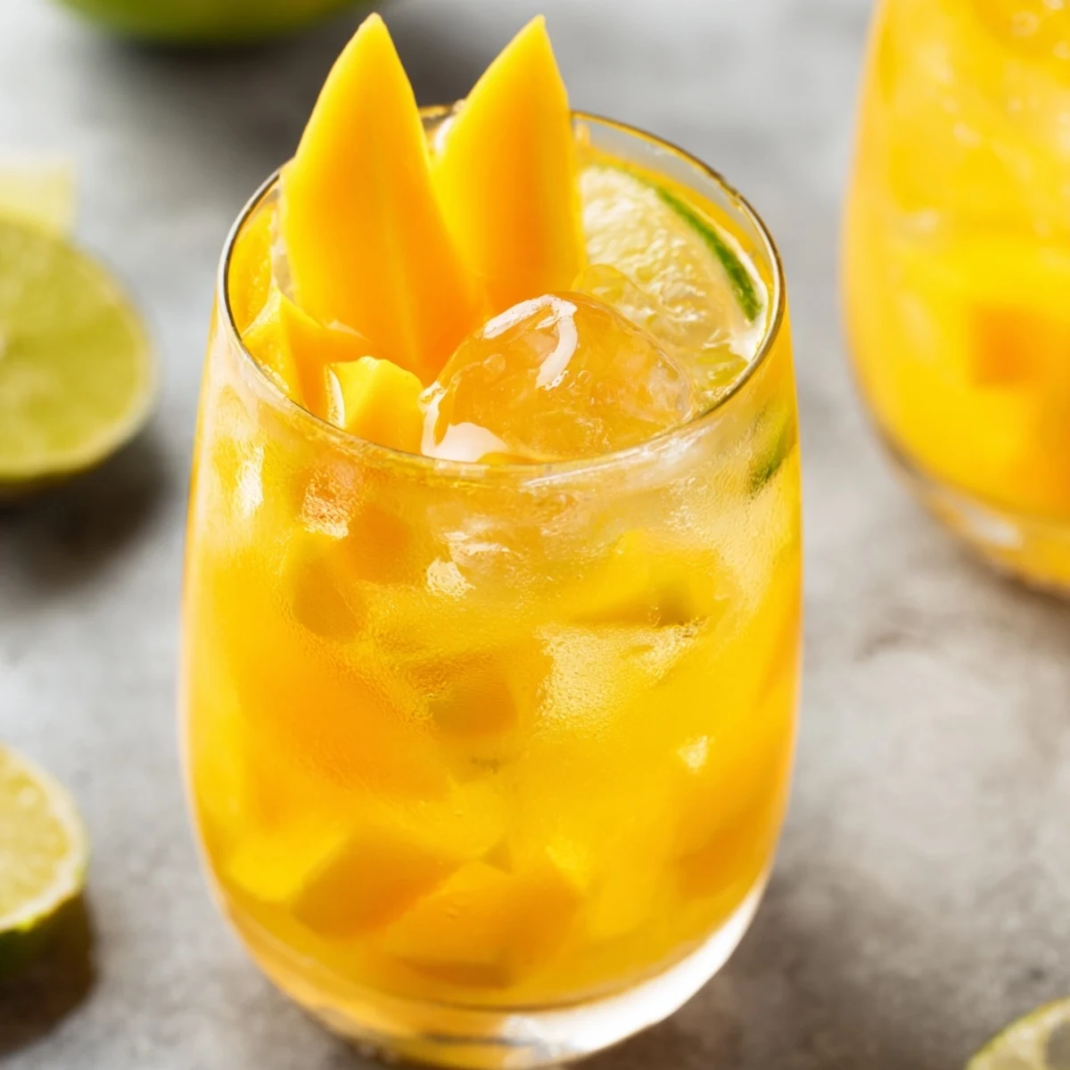 Golden mango ginger mocktail garnished with fresh lime wedges and ice in a glass