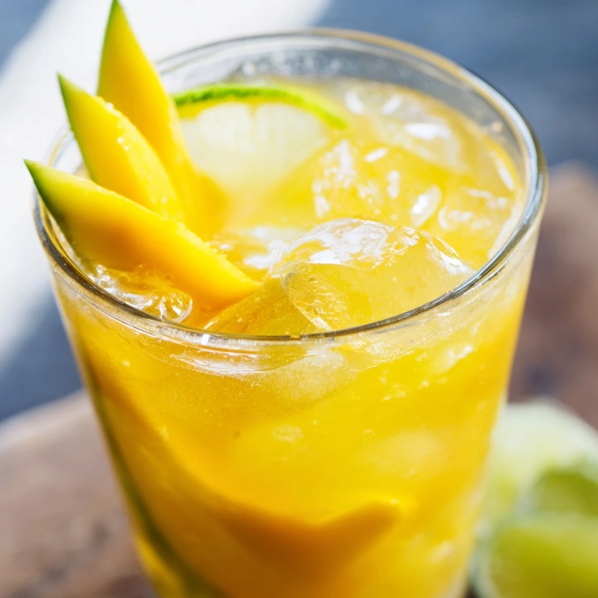 Vibrant non-alcoholic mango ginger mocktail served over ice with mango slice garnish