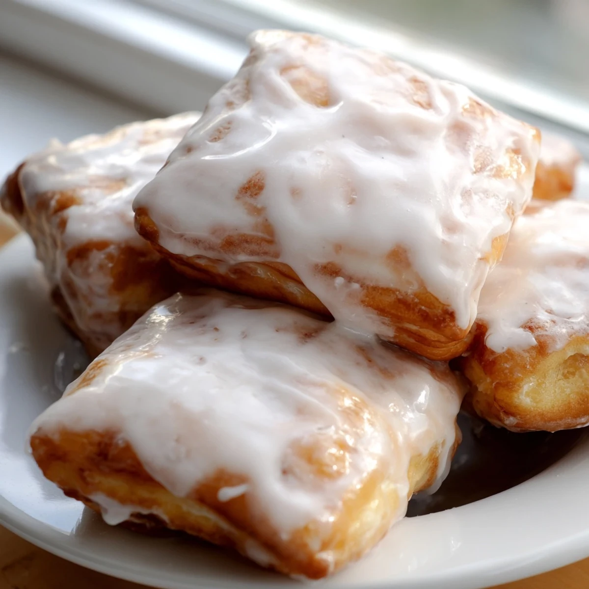 Golden brown glazed buttermilk beignet squares arranged on a white serving platter