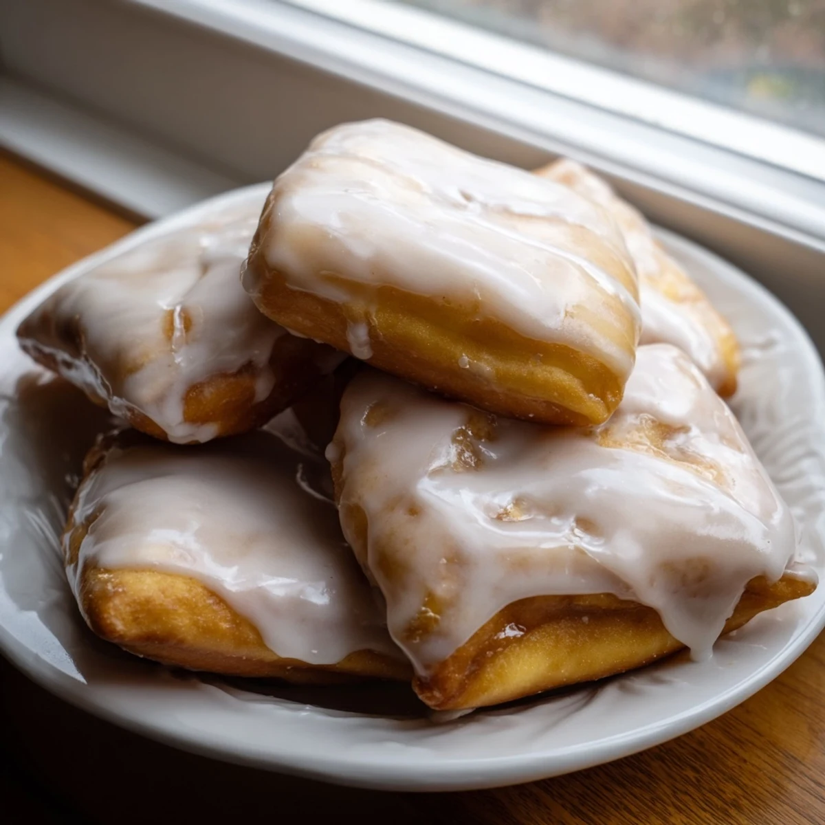 Stack of warm buttermilk beignet squares dripping with sweet white vanilla glaze