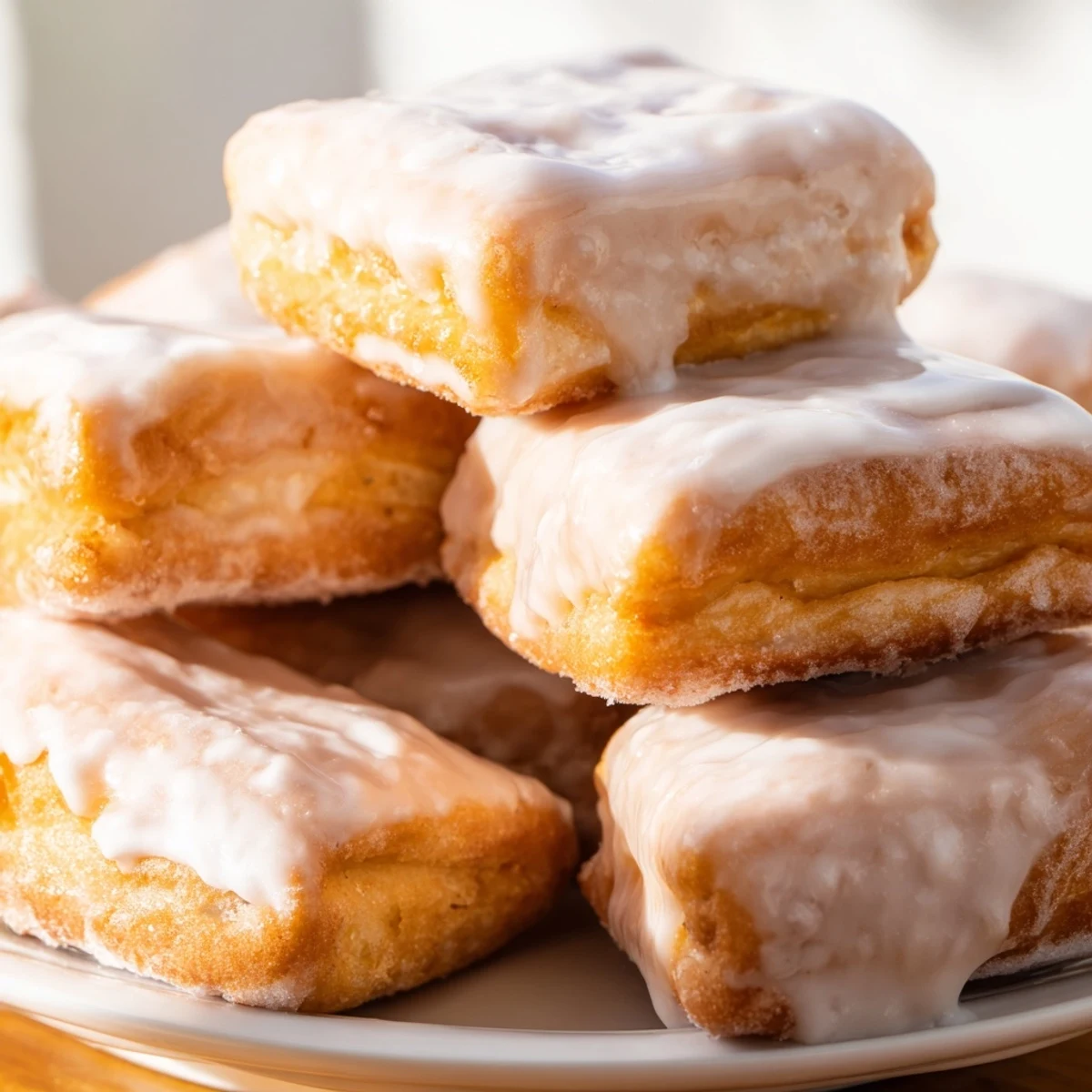 Light fluffy glazed buttermilk beignet squares dusted with powdered sugar on wire rack