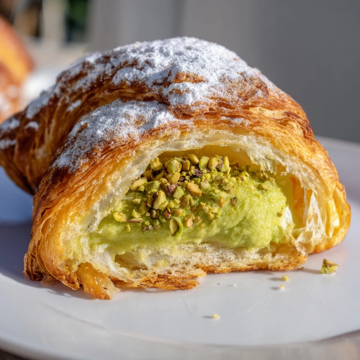 Flaky buttery croissants split and filled with luscious homemade pistachio cream